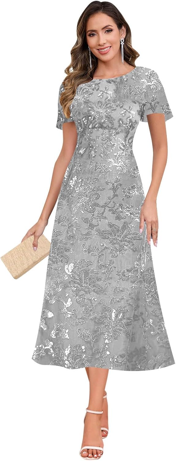 Sparkly Lace Mother of The Bride Dresses Tea Length Formal Evening Party Dress for Women