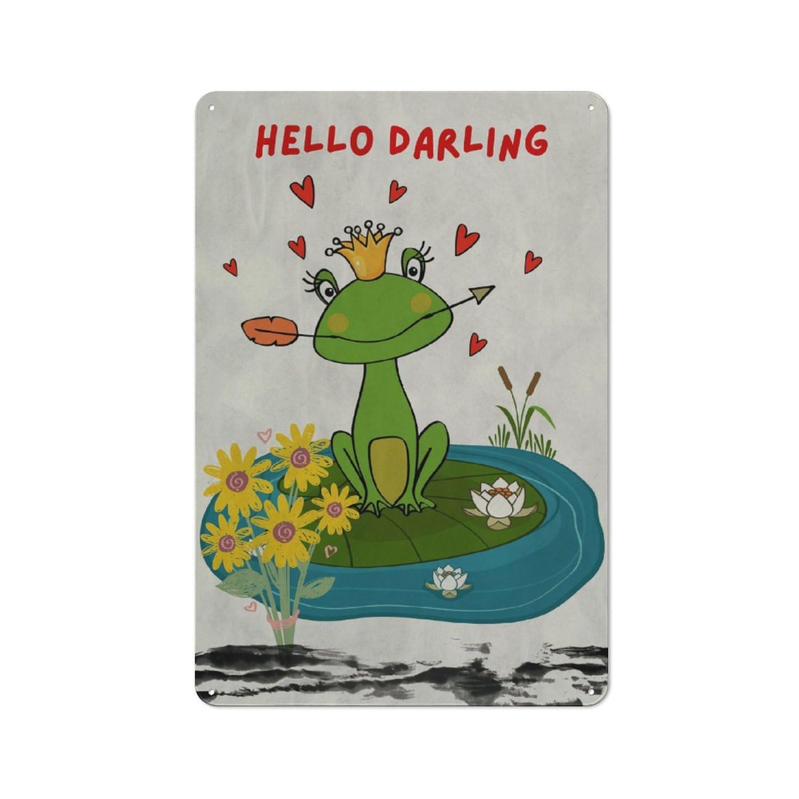 Junmoney Style-14 Hello Darling Frog Princess Illustration Shop Front Style Metal Wall Decor 30X20cm, Bistro Metal Sign For Takeaway, Bar, Kitchen Or Counter Area