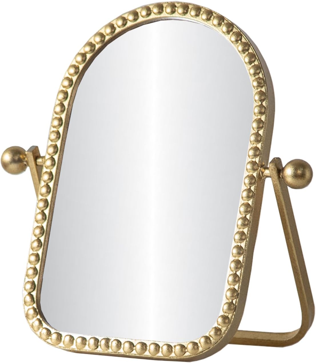 Vintage Vanity Table Mirror, Desk Makeup Mirror Metal Framed with Stand, Gold Arched Retro Mirrors 360 Adjustable Rotation for Tabletop, Bedroom, Bathroom, Living Room, Antique 10.8'' x 7''