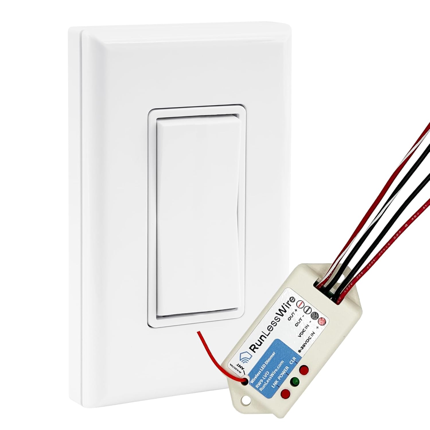RunLessWire Battery-Free Low Volt Dimming Wireless Light Switch Kit for Cabinet or Tape Lights: 1 Remote Switch Controls 8-30VDC Dimmer Receiver – White