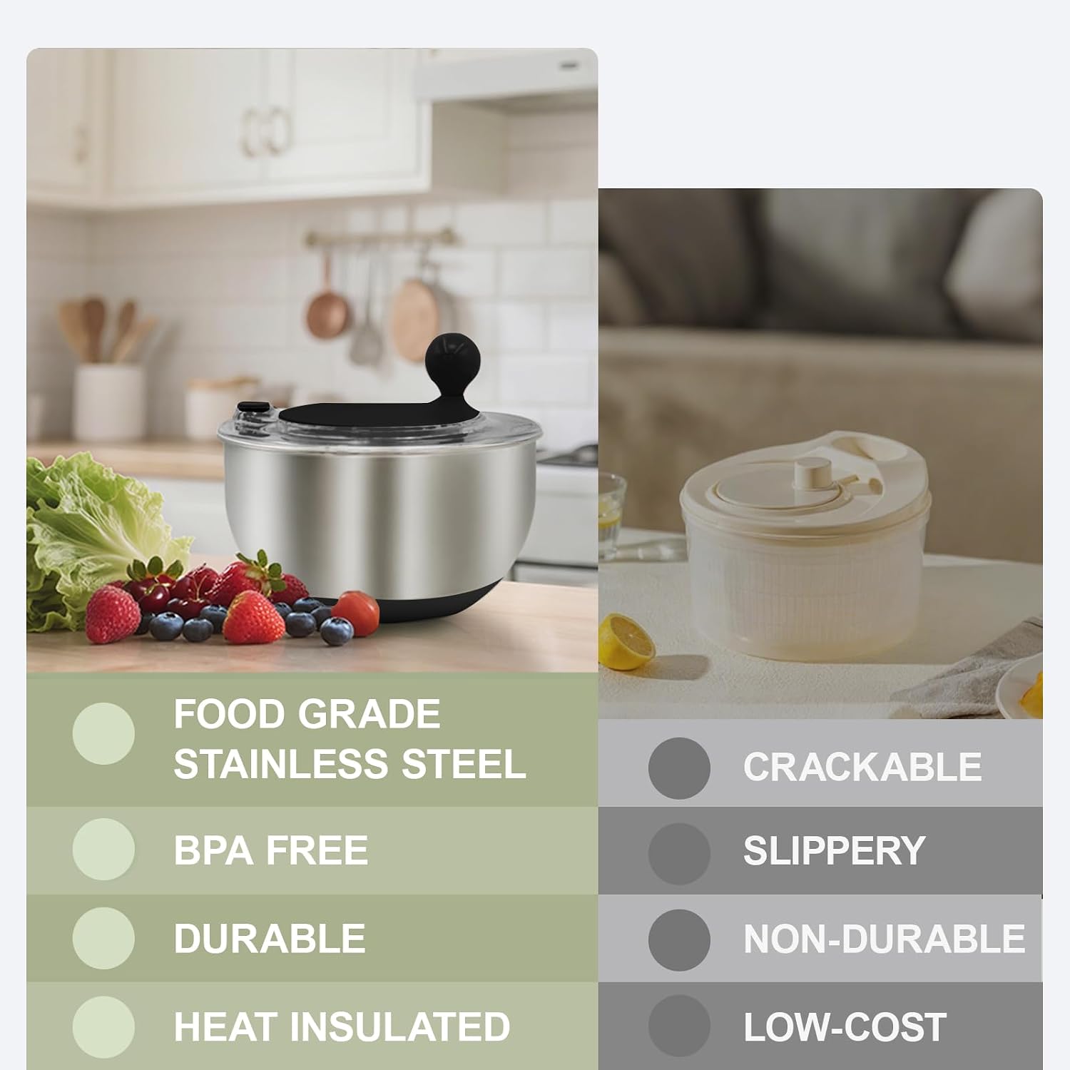 5.3Qt Stainless Steel Salad Spinner,Drain, Stop Button,Quick Dry Black
