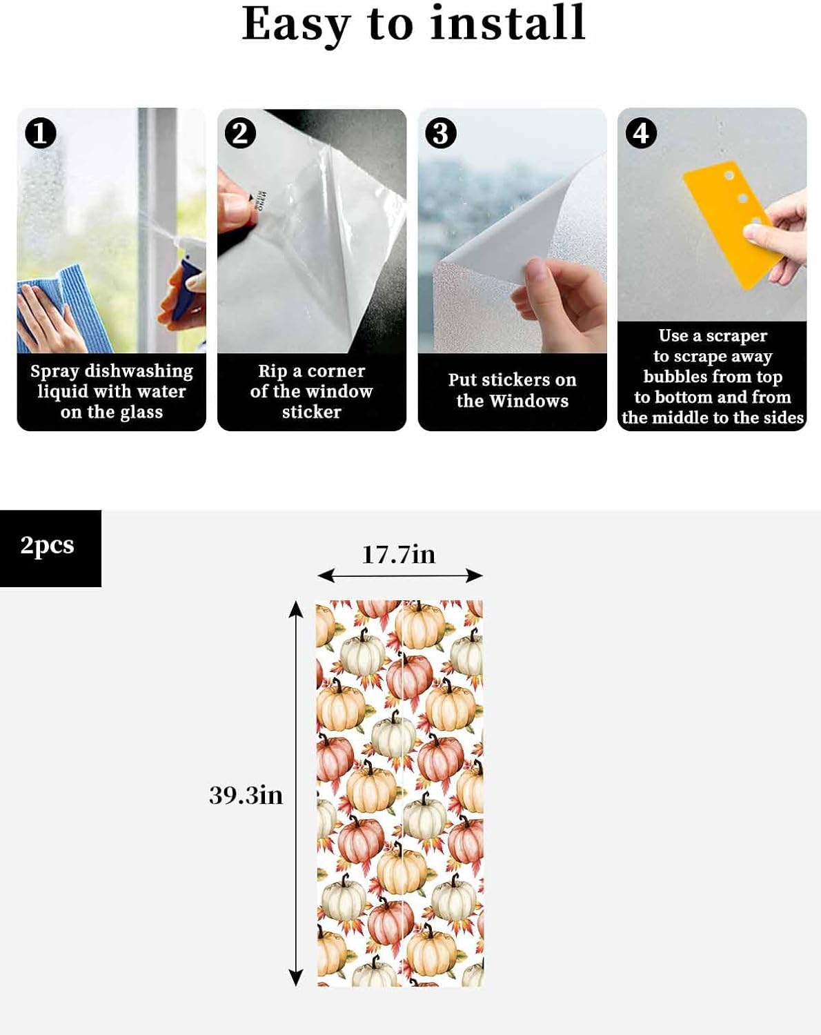 Fall Window Privacy Film Pumpkin Static Cling Window Film for Glass Windows Removable Decorative Sticker for Autumn Thanksgiving Home Party, 35" x 78" Pumpkin Autumn Leaves