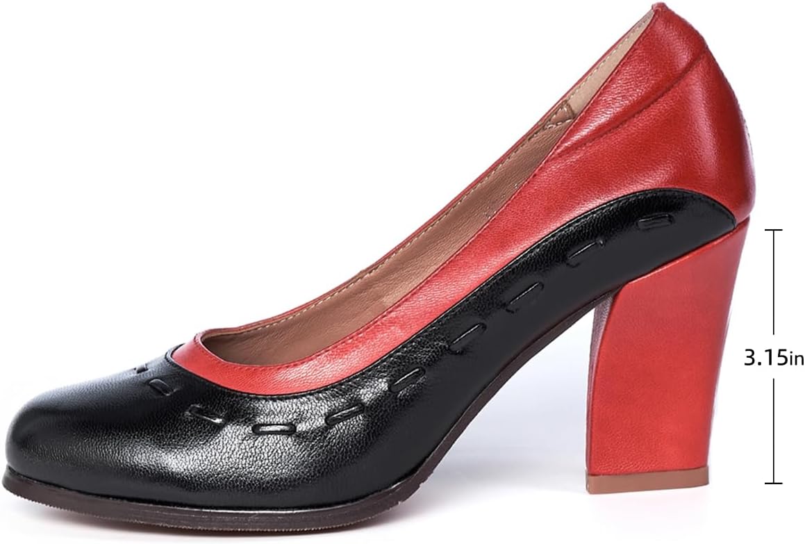 Mona flying Women's Leather Closed Round Toe 3 inch Chunky High Heel Pumps Office Work Dress Shoes for Ladies - Image 3