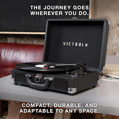 Miniatura 7 de Victrola Journey + Bluetooth - Tocadiscos de maleta con soporte de puente a juego y altavoces integrados, reproductor de discos de vinilo de 3