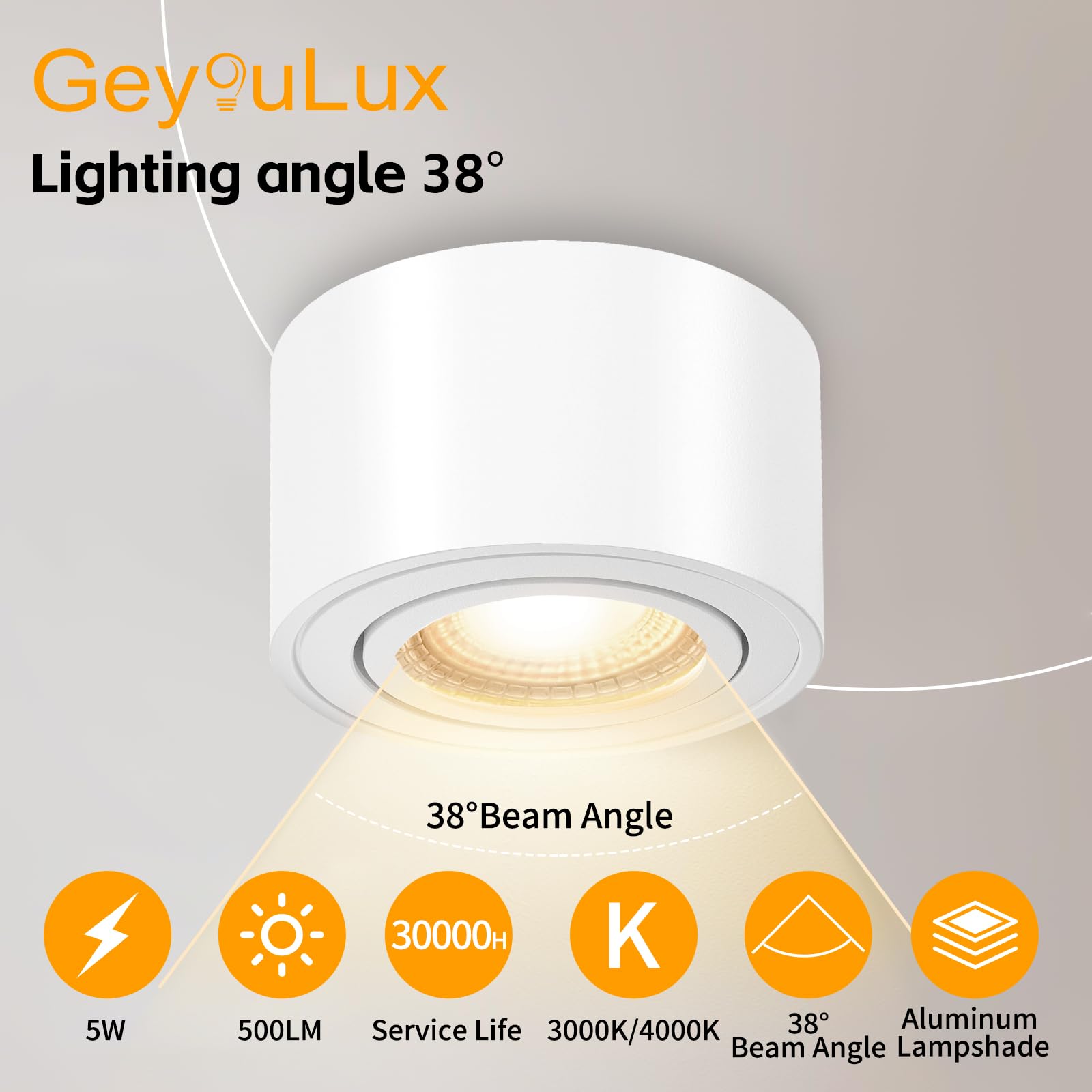 GeyouLux 1x Faretti LED Soffitto - Orientabile - Ø80x50mm Extra Piatto & Inclinabile a 38° - 5W 500LM 4000K - Con Modulo LED 230V Incluso - Alluminio - Faretto LED Interno, Lampada da Soffitto（Bianco）
