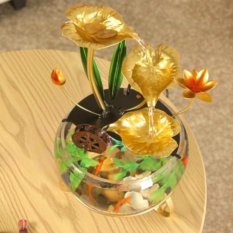 Zen Tabletop Fountain Fish Tank Decor with LED Light, Flowing Water Lotus Bowl, Indoor Desktop Water Feature with 5 Free Crystals
