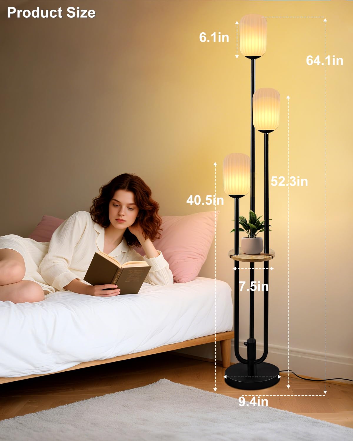 Lampa podłogowa do salonu, ściemniana lampa podłogowa w stylu vintage, z półką i żarówkami LED, 3 światła, 3000 K, miękka, ciepła biel, z połowy wieku, wysokie lampy do sypialni, biura