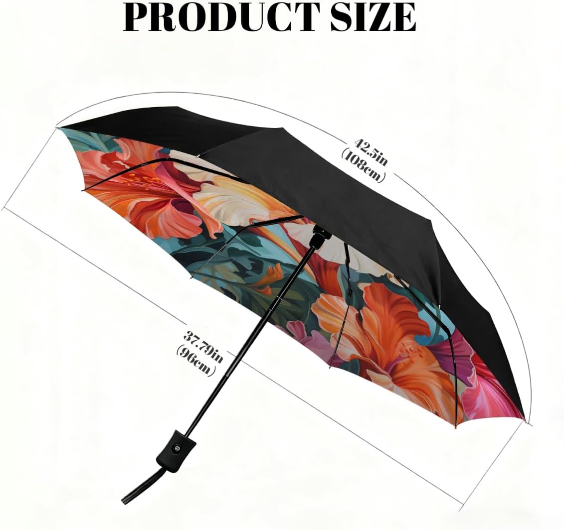 Summer Tropical Hibiscus Folding Umbrella Windproof Compact Lightweight Travel Umbrella with 8 Reinforced Ribs, Portable UV Sun & Rain Protection for Men & Women