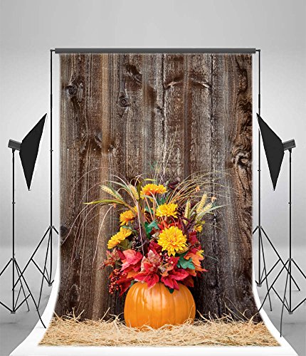 Laeacco Grunge Wood Plank Backdrop 4X5Ft Rustic Wooden Wall Vinyl Background Harvest Autumn Flowers Haystack Pumpkin Thanksgiving Day Decoration Halloween Backdrop Children Adults Portraits Studio #TOP1