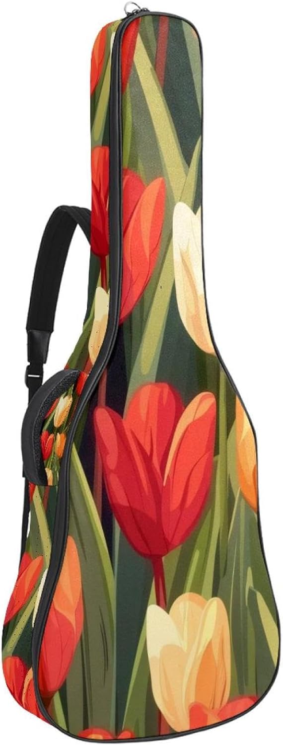 Acoustic Guitar Bag 0.4 Inch Thick Padding Waterproof Guitar Case Gig Bag for 40 41 42 Inch Electric Bass Classical Guitar, Tulips Seamless