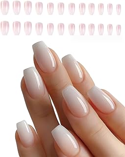 Press on Nails Kurz - Ballerina Nude Natürliche Gradient Weiß Fake Nails Kunstnägel mit Nagelkleber, Soft Gel Nail Tips, Babyboomer White Ombre Künstliche Fingernägel(24 Stück)