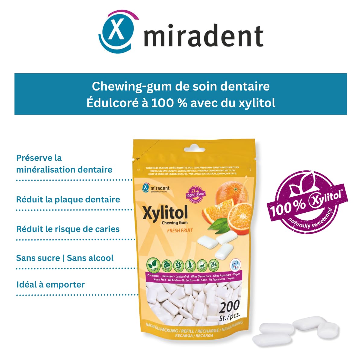 Miradent Chewing-gum dentaire au xylitol Pack économique 200 pcs goût Fruits frais sans sucre vegan