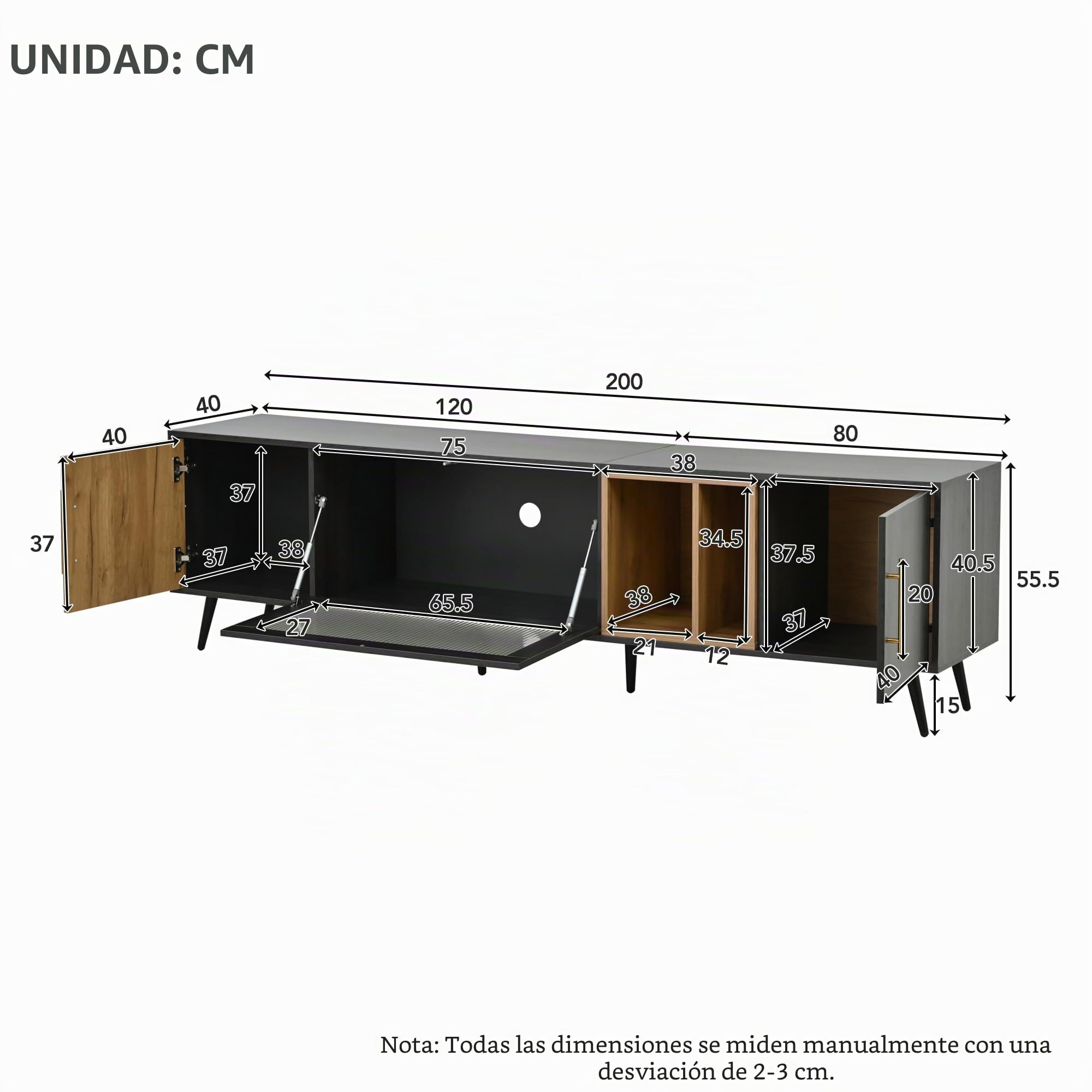 LAKFEW Mueble TV 200cm de hasta 90 Pulgadas, Mueble TV Salon con 3 Puertas, Muebles de Salon con Compartimento de Almacenamiento Abierto, Mueble Television, Muebles Salon, 200x40x55.5 cm, Gris+Marrón