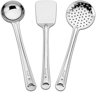 Parage 3 Pieces Stainless Steel Kitchen Tools Set for Cooking and Serving, Pack of 3 Ladle (Karachhi), Skimmer (Jhara) & Turner/Spatula (Palta) Silver, Size: 32 cms, 33.5 cms, 34.5 cms