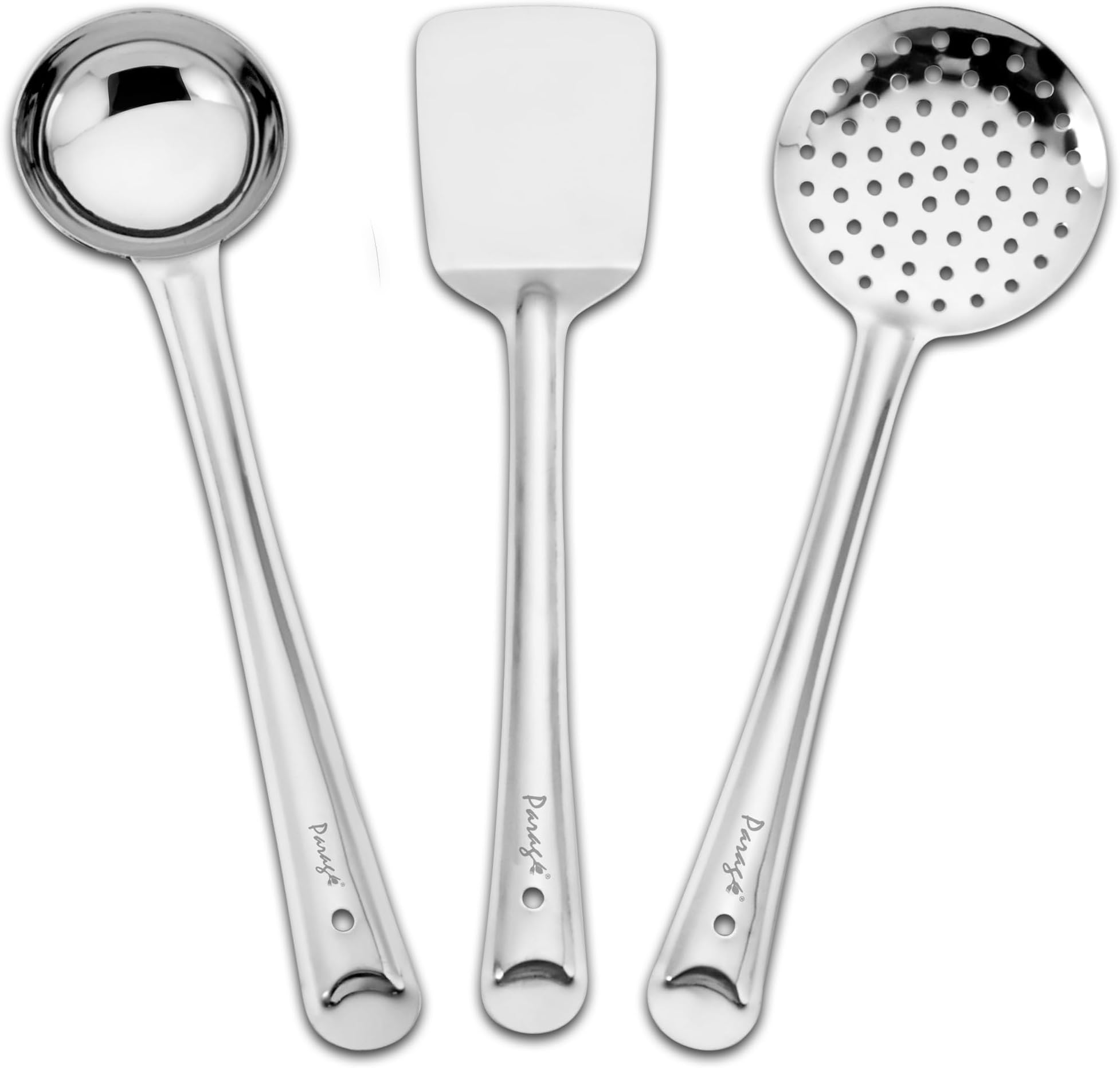 Parage 3 Pieces Stainless Steel Kitchen Tools Set for Cooking and Serving, Pack of 3 Ladle (Karachhi), Skimmer (Jhara) & Turner/Spatula (Palta) Silver, Size: 32 cms, 33.5 cms, 34.5 cms