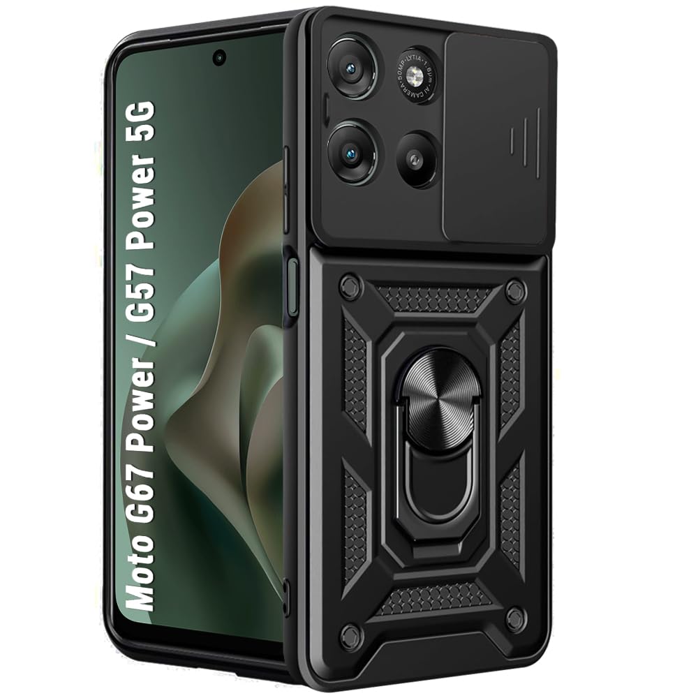 TheGiftKart Tough Armor Bumper Back Cover Case for Motorola Moto G67 Power / G57 Power 5G | Sliding Camera Cover, Kickstand & Ring Holder | 360 Degree Protection Back Cover Case (PC & TPU, Black)