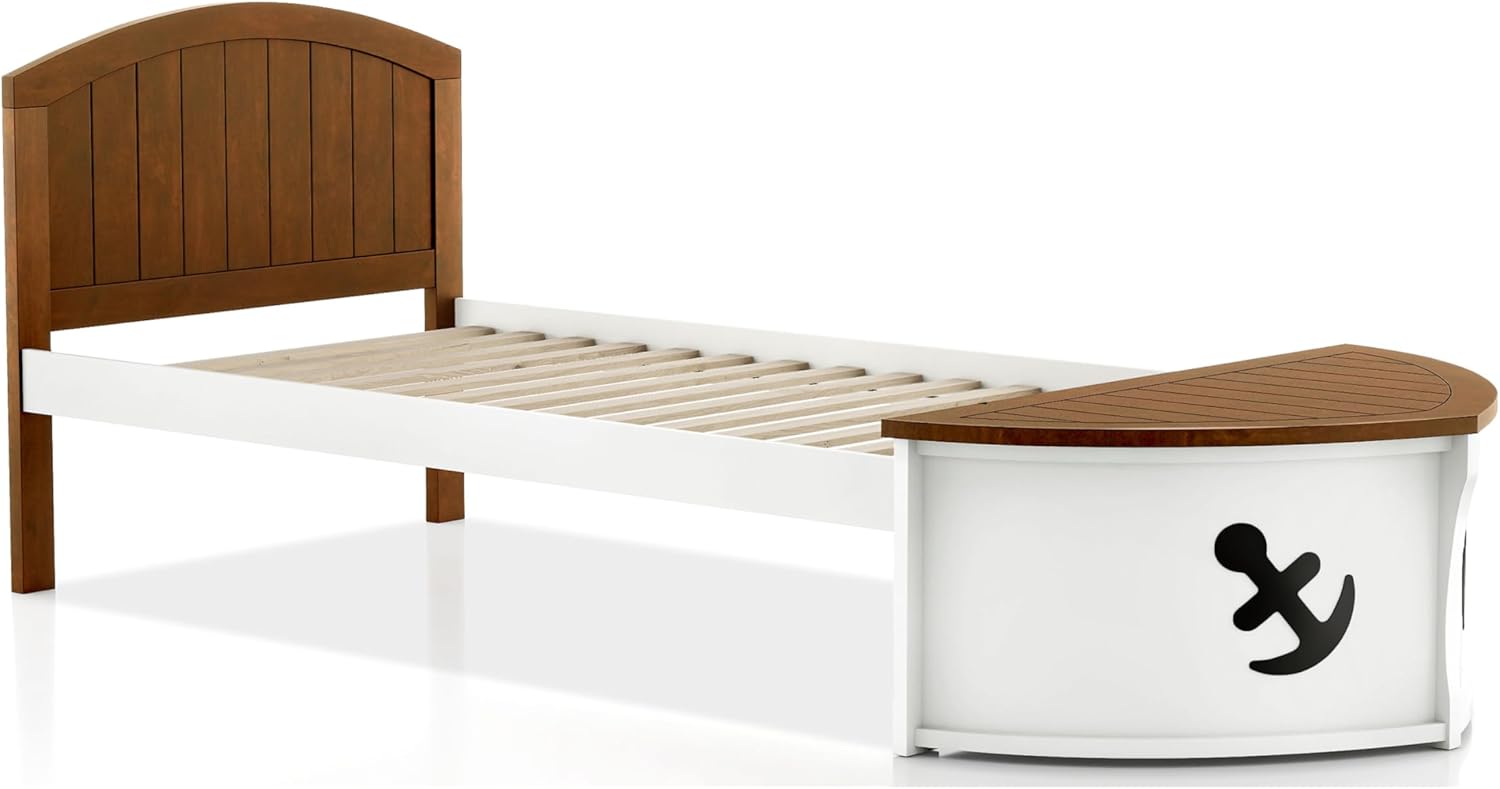 Furniture of America Kirsen Novelty Solid Wood Twin Captain Platform Bed with Boat-Like Design, Footboard Storage, Mattress Ready for Bedroom, Guest Room, White and Oak