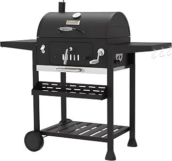 Campfire Outdoor XL Smoker Barbecue Charcoal Portable BBQ Grill, 2 Folding Side Table, Built-in Thermometer, Adjustable Charcoal Pan & Chimney, Wheels, Large Coal BBQ Smoker for Home Garden Cooking