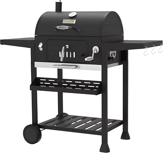 Campfire Outdoor XL Smoker Barbecue Charcoal Portable BBQ Grill, 2 Folding Side Table, Built-in Thermometer, Adjustable Charcoal Pan & Chimney, Wheels, Large Coal BBQ Smoker for Home Garden Cooking