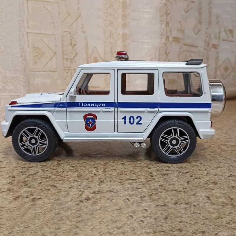 Image of Kids Model 1:32 G Wagon Police Die Cast Metal Car Pull Back Action Opening Doors with Realistic Engine Sound Lights Toy Car Gift for Boys - White