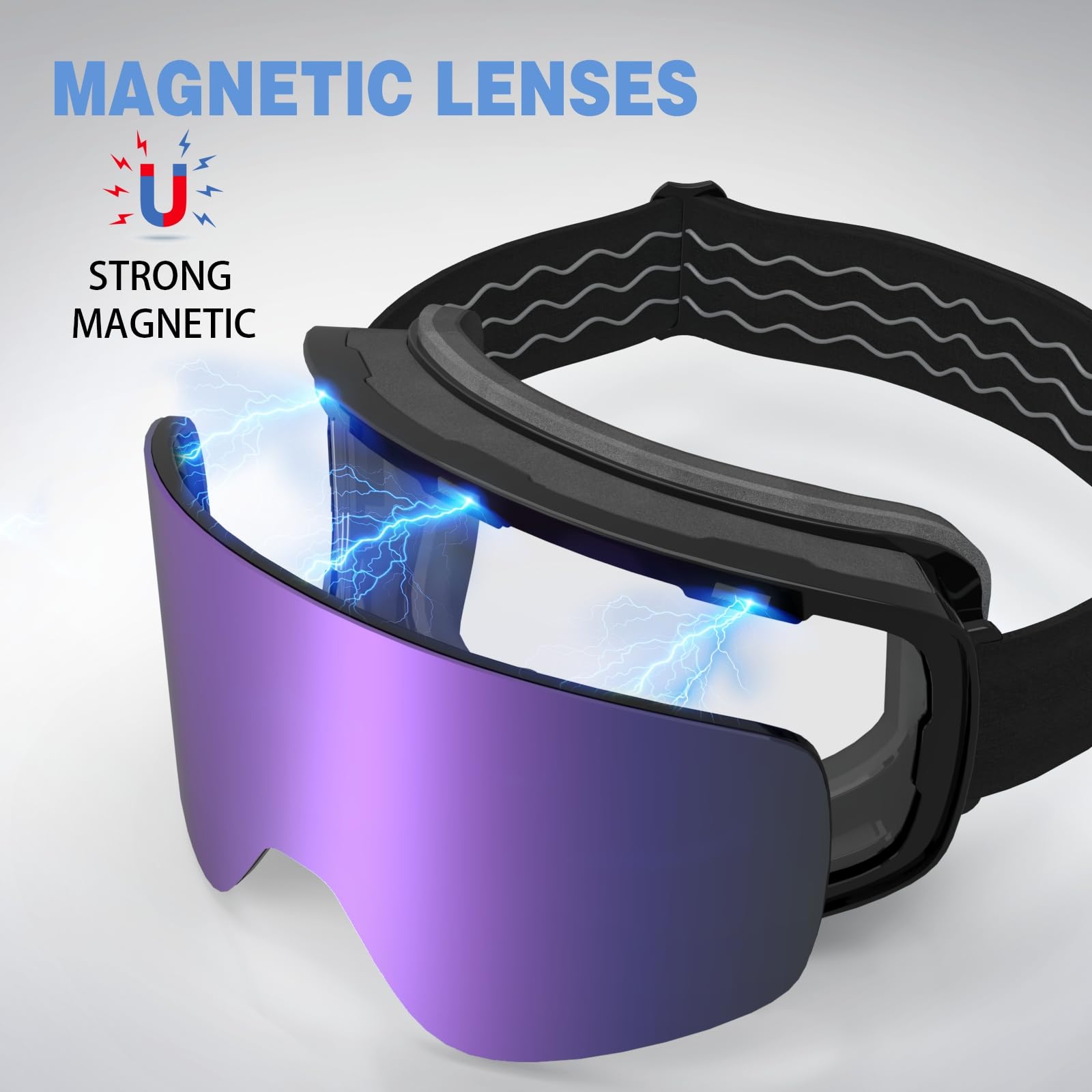 Gogle narciarskie, bezramowe gogle snowboardowe z 2 soczewkami narciarskimi z magnesem UV400, YH212 przeciwmgielne gogle śnieżne dla dorosłych mężczyzn kobiet (czarna rama, pełna Revo Purple (VLT 16%