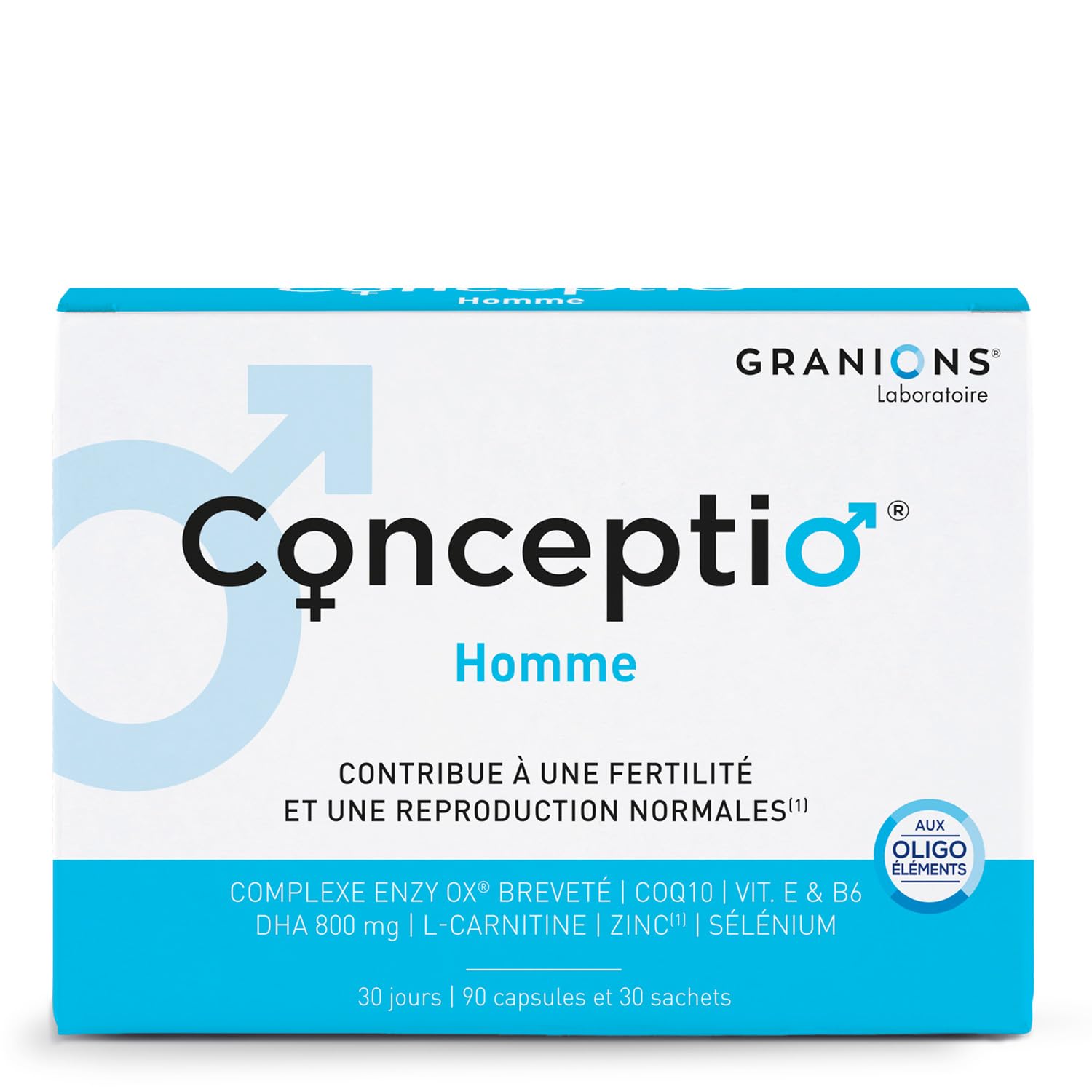 GRANIONS | Conceptio homme | Fertilité masculine, reproduction normale | Complexe Breveté Enzy Ox (Coenzyme Q10, Vitamine E), L-Carnitine, Dha, Oligoéléments | 90 capsules et 30 sachets (30 jours)