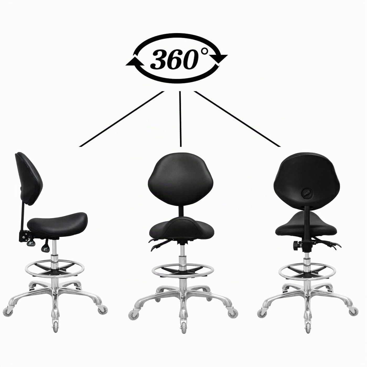 Tabouret de selle avec support dorsal et repose-pieds, très résistant (158,8 kg), tabouret hydraulique pivotant réglable pour salon, spa, beauté, massage, clinique, maison, bureau (noir)