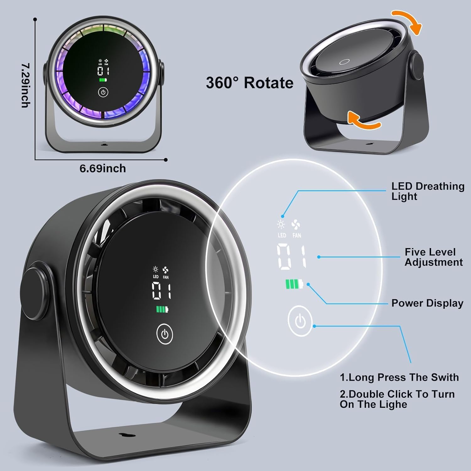 Small Desk Fan 5000mAh Rechargeable Battery Powered - Low Noise Quiet Portable Gentle Blowing without Headaches for Office Bedroom Sleep Table Wall Hanging Kitchen Travel Camping 5-Speed 360° Rotation