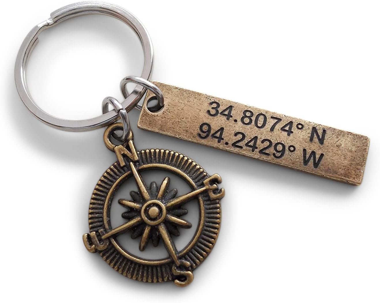 Custom Bronze Compass Keychain with Engraved Coordinates Tag for Couples or Best Friends, Anniversary Gift Keychain