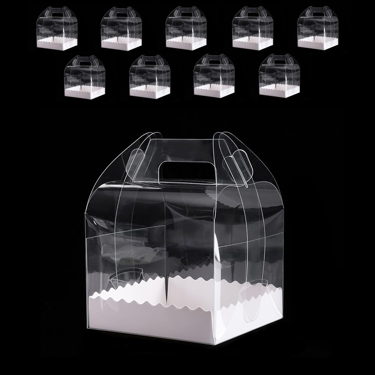 Hniuyun 10Pcs 4 Inch Square Clear Plastic Cake Boxes with Handles - Display Containers for Bakery, Cupcakes, Desserts, Pies for Birthday, Wedding, Holiday Events