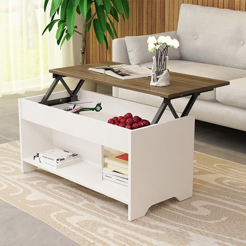 ElevaHome Lift Top Coffee Table Modern with Hidden Compartment and Large storage, White with walnut top