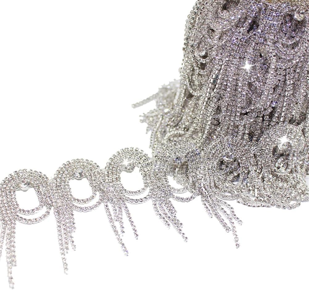 Generic Circle Long Tassel Rhinestone Fringe Trim Silver Crystal Decorative Chain for Clothing Bags Shoes AB Gold 1yard 90cm
