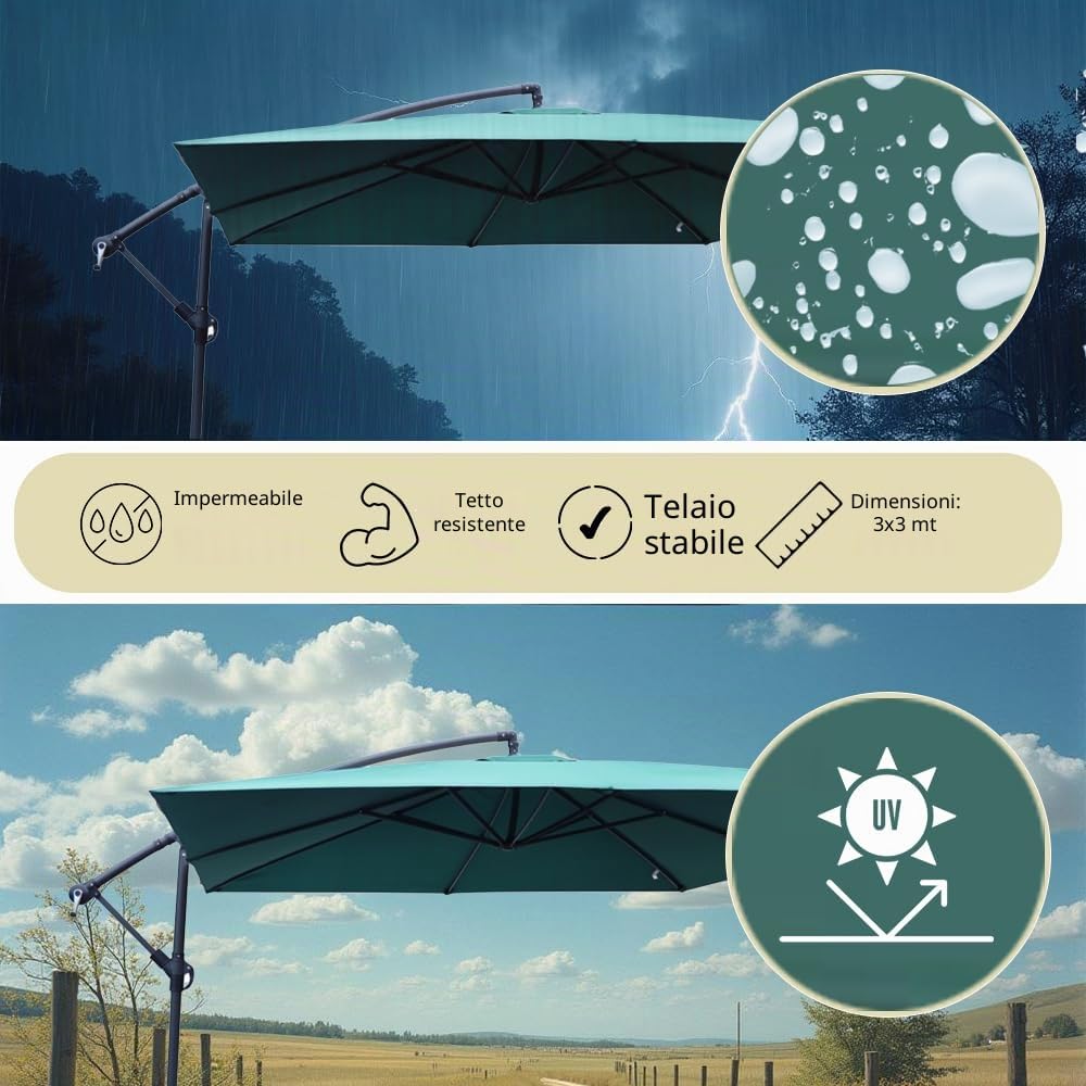 Ombrellone da Giardino Quadrato 3x3 Mt Palo Decentrato- in Alluminio, Regolabile, da Esterno, Impermeabile, Manovella, Tubo Ø 48 mm- Resistente ai Raggi UV