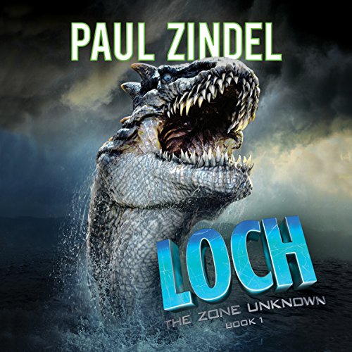 A large, long-necked creature with sharp teeth looms from the dark water. The background looks ominous. The title is in blue letters near the bottom. The author's name is at the top in off-white letters.