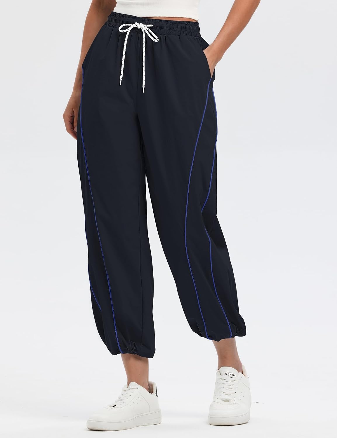 Rapbin Womens Baggy Wide Leg Pants 2026 Elastic Waisted Drawstring Hiking Workout Cropped Track Pants with Pockets Navy Blue