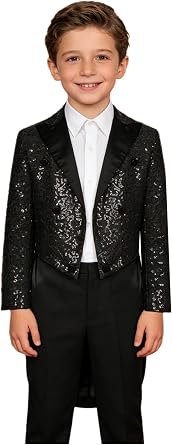 Jhaoyu Kids Boys Sequins Tuxedo Jacket Suit Tailcoat Swallowtail Blazer Wedding Pageant Birthday Party Dance Disco Costume