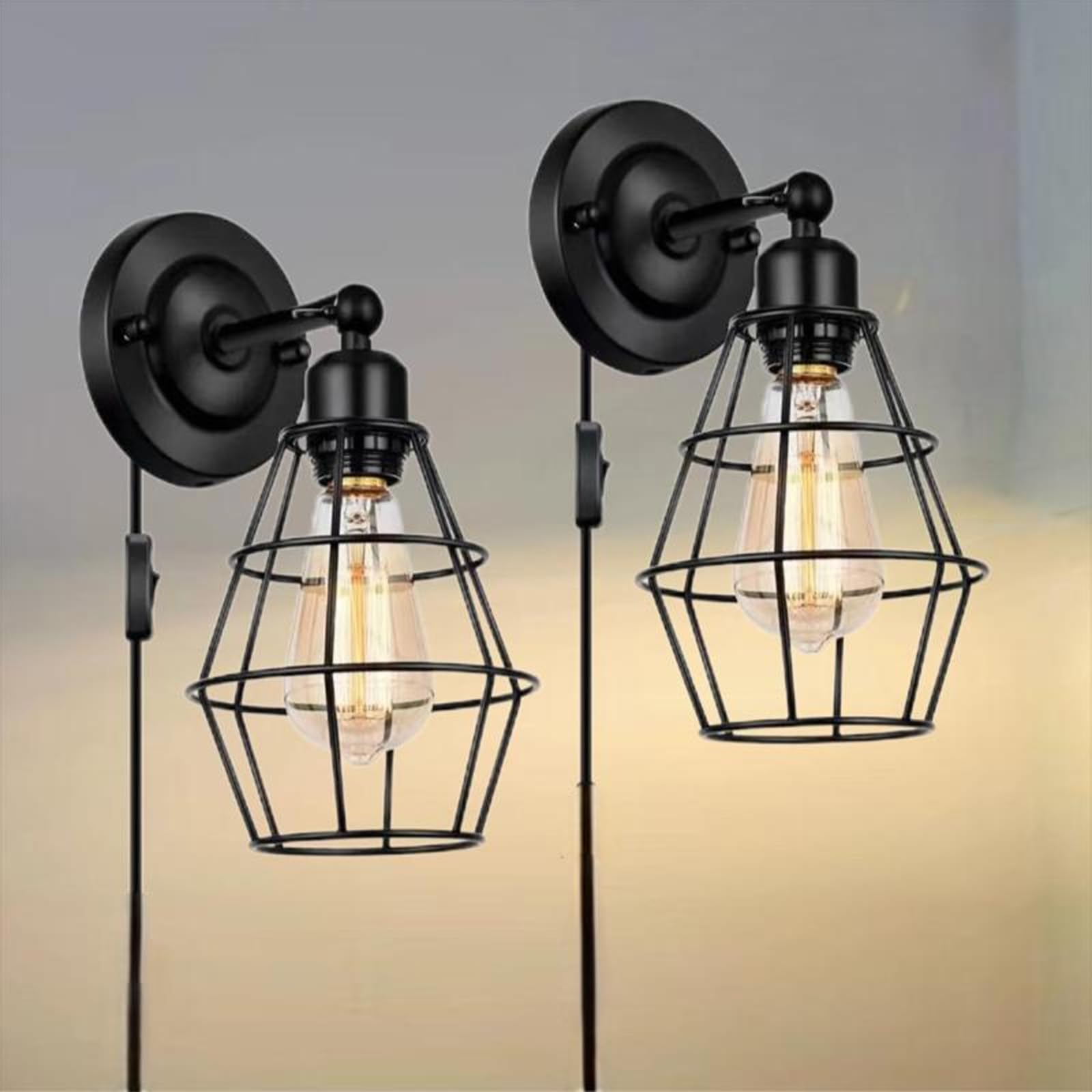 E27 Lampy ścienne z wtyczką i przełącznikiem, oświetlenie wewnętrzne, vintage, przemysłowe, żelazo, lampa ścienna do sypialni, korytarza, klatki schodowej, salonu (bez żarówki) (D, 2 sztuki)