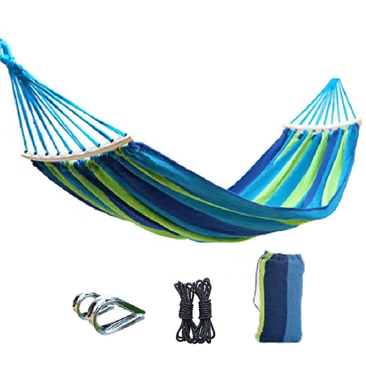 Amaca da giardino con bastoncini di legno rinforzati, tela traspirante portatile per rilassarsi all'aperto, design a righe resistente, include borsa portaoggetti (200 x 100 cm)