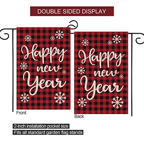 Zyp Happy New Year Burlap Garden Flag, Double Sided 12.5 X18.5 Inch Decorative Red Plaid New Year Christmas Winter Garden Yard Banner Flag Lawn Outdoor Decoration #TOP2