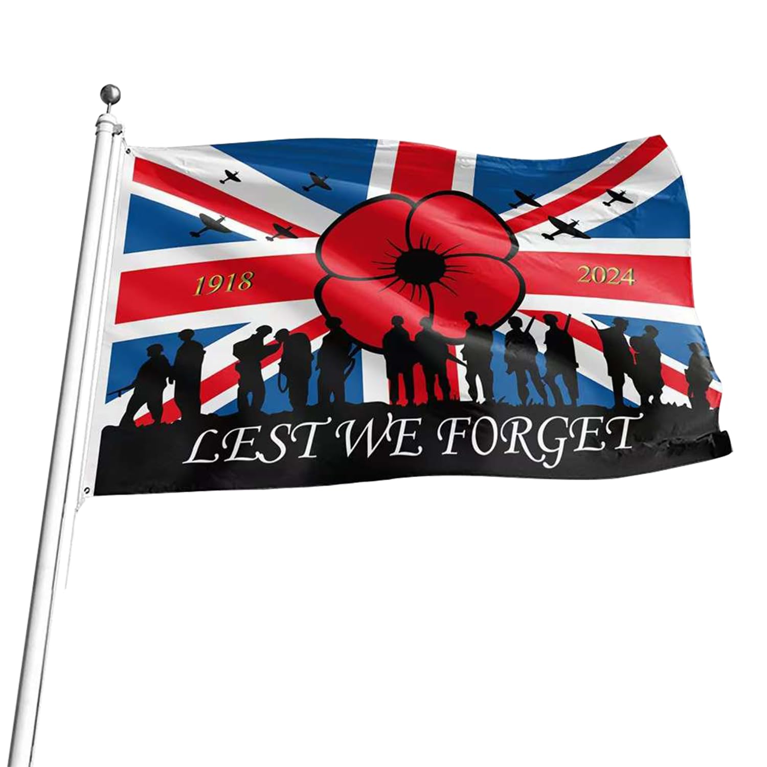 3x5 FT Lest We Forget Flag, Vivid Color Remembrance Day Poppy Flag with Eyelets for War Heroes Outdoor Indoor Decor（Single-sided Printing）