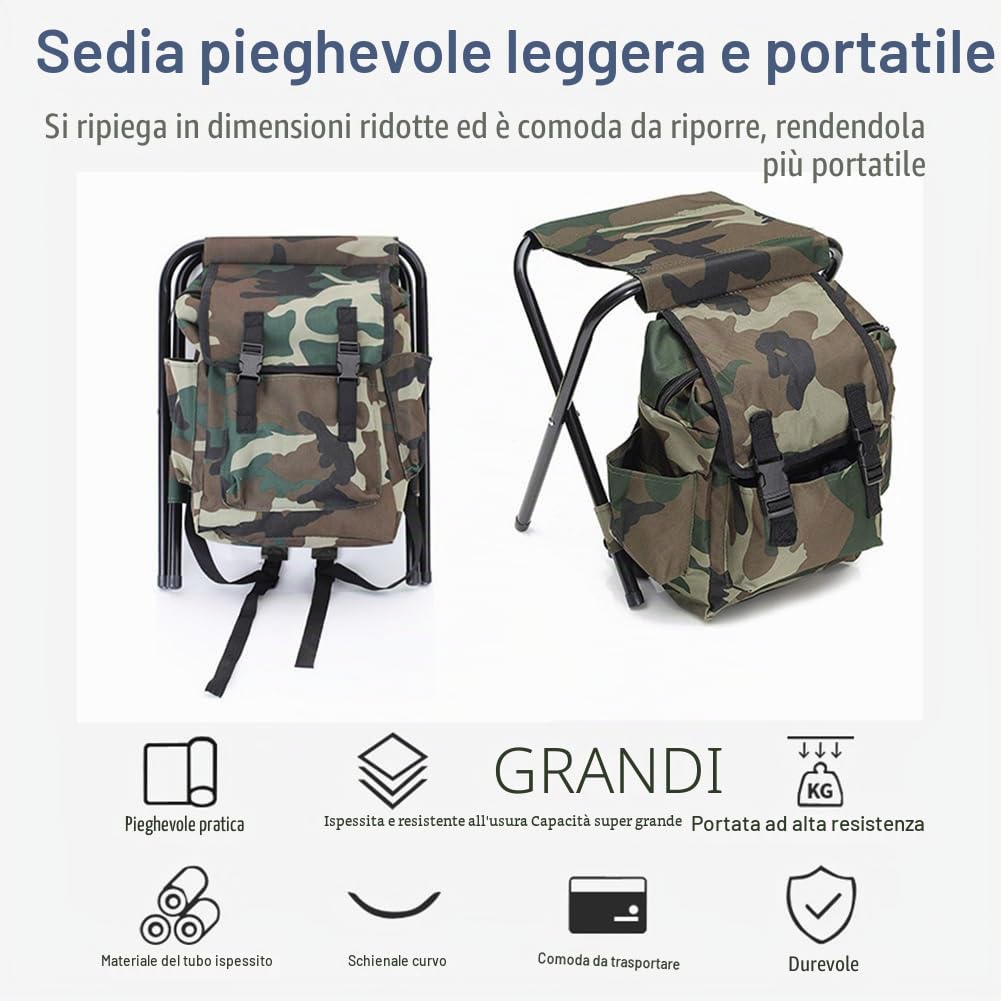 Sgabelli da Campeggio Pieghevoli per Esterni, Sedia da Campeggio Portatile in Tessuto Oxford con Zaino Carico Massimo 100kg per Pesca, Campeggio, Picnic, Barbecue, Mimetico