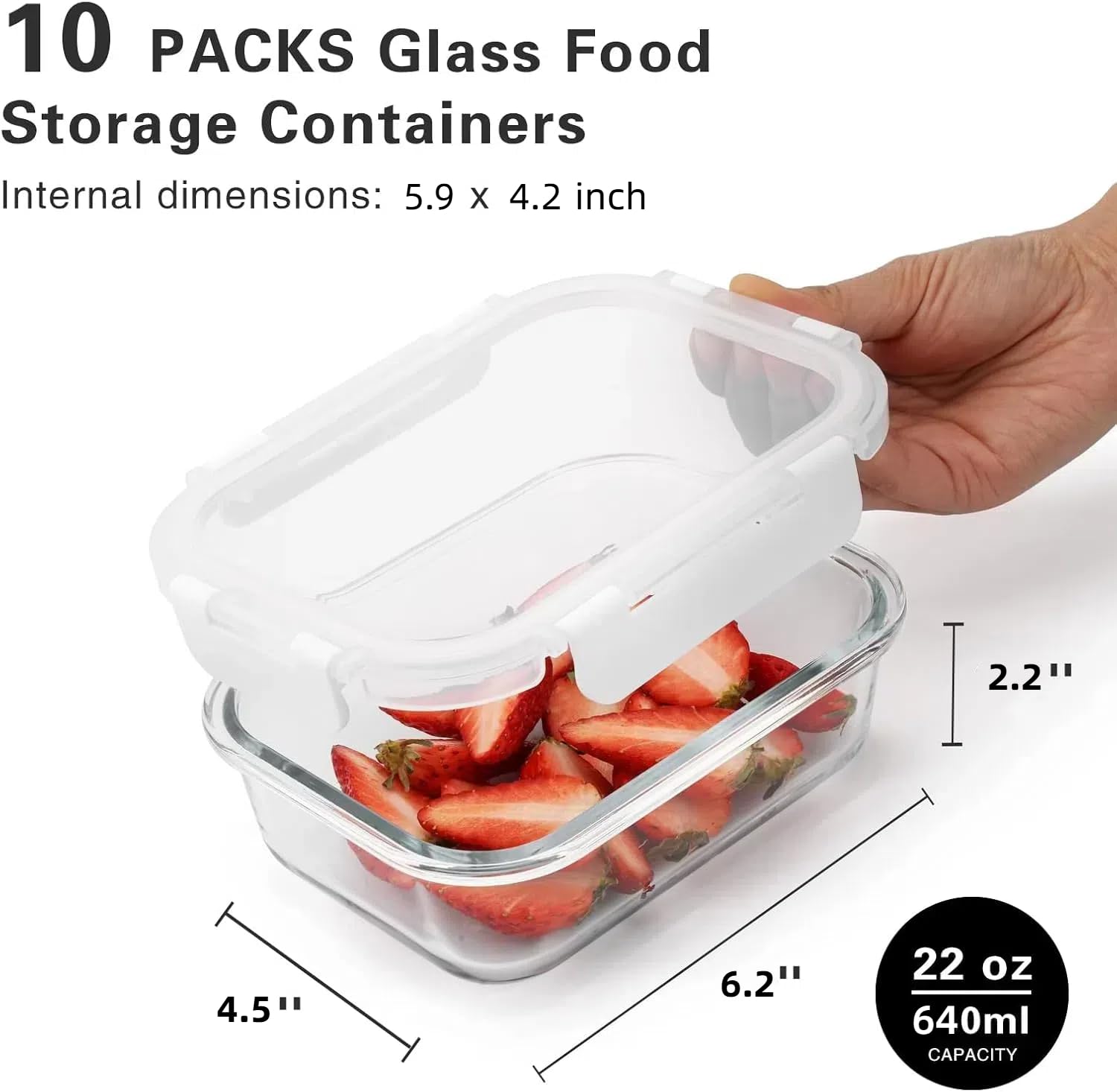 Cuiselect 10 Stück 625 ml Glasbehälter mit Deckel, wiederverwendbare Glas-Frischhaltedosen mit Deckel, auslaufsicher, mikrowellen-, ofen-, gefrier- und spülmaschinenfest (weiß)