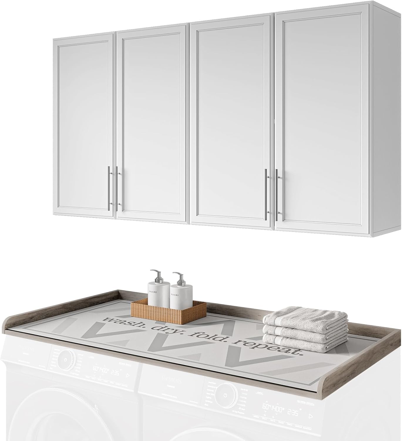 FIMELLO 60" Laundry Room Wall Cabinets and 27.6" x 54" Washer and Dryer Countertop Set, Laundry Room Cabinets Wall Mounted, Upper Cabinets Floating Cabinet - Grey Laundry Countertop
