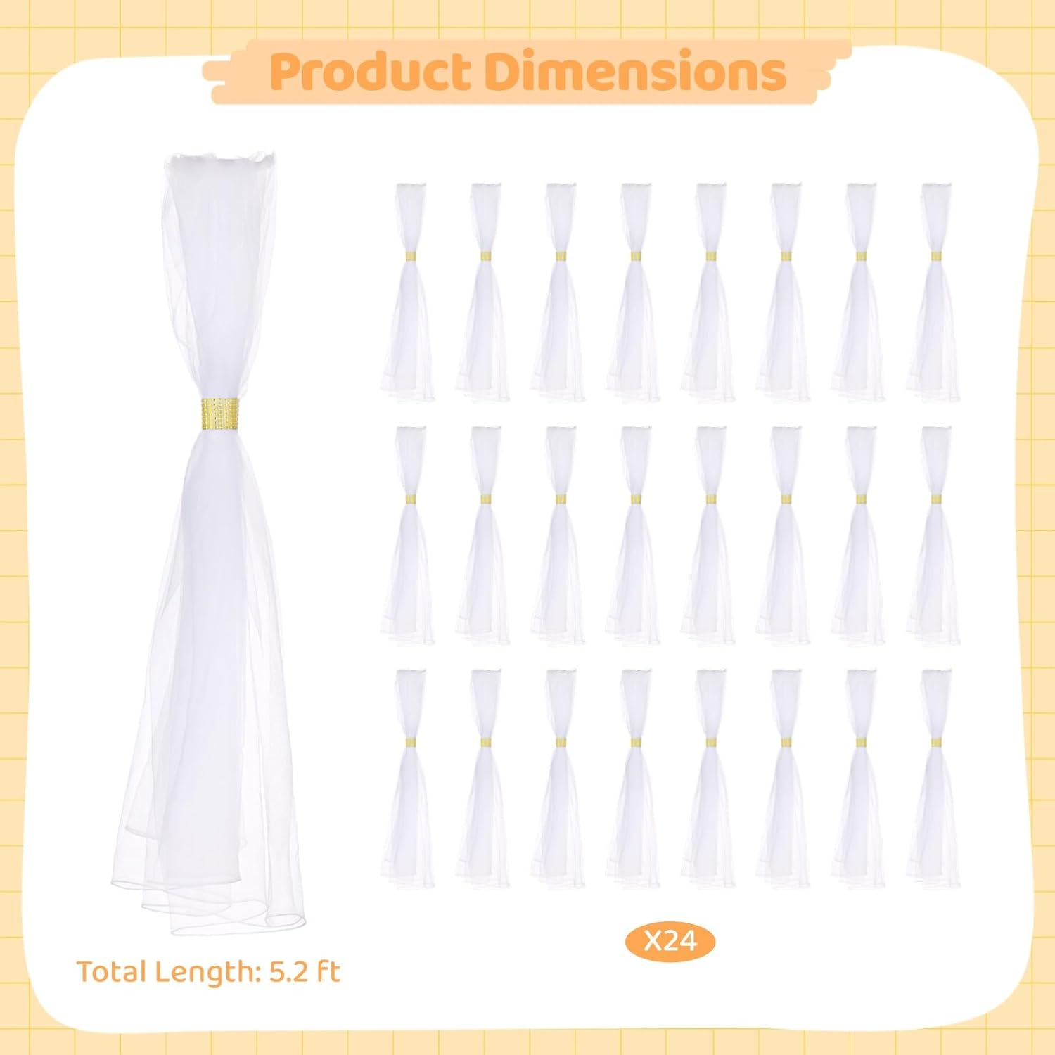 24 Pcs Wedding Chair Sashes, White Chiffon with Golden Rhinestone Buckles, Elegant Aisle, Pew, and Reception Chair Decorations