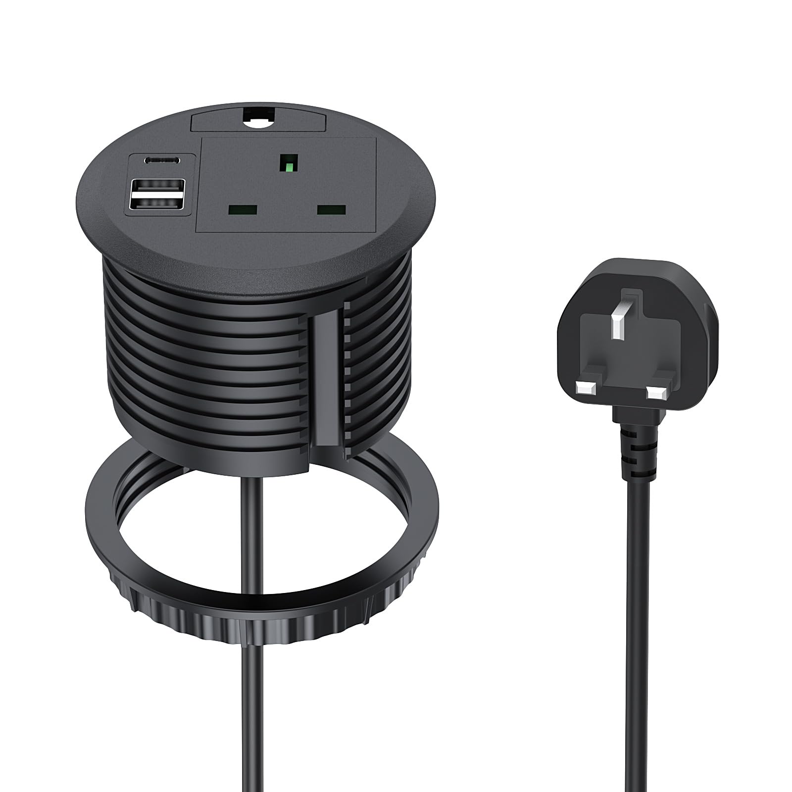 Desk Power Socket with USB C PD20W,BQO Desk Grommet Power Socket 80mm with 1 UK Plug, Recessed Extension Lead with 2 USB Ports, 2m/6.6 FT Cable for Office Home Furniture, Black