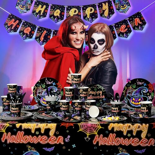 Oceanwings HD 170Pc Halloween Party Plates Supplies Kit Glow In The Dark Party Decorations Tableware Set With Disposable Plates,Napkins,Cups,Birthday Flag And Touchdown Tablecloth thumb #4