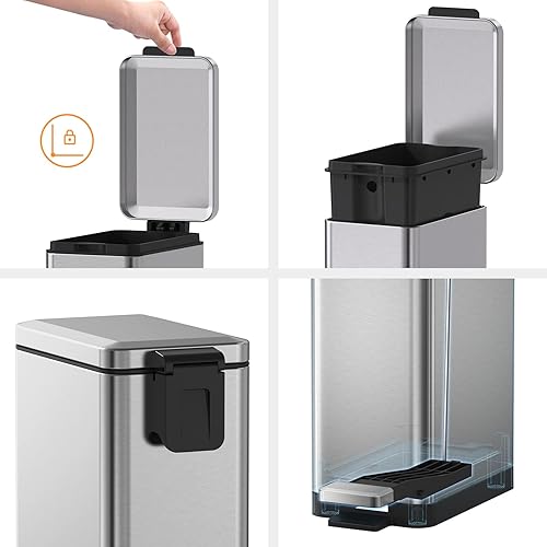 Miniatura 4 de Mbillion Basurero de baño con tapa, pequeño cubo de basura delgado de acero inoxidable de 10 litros, cierre suave de 2.6 galones, pedal escalonado,
