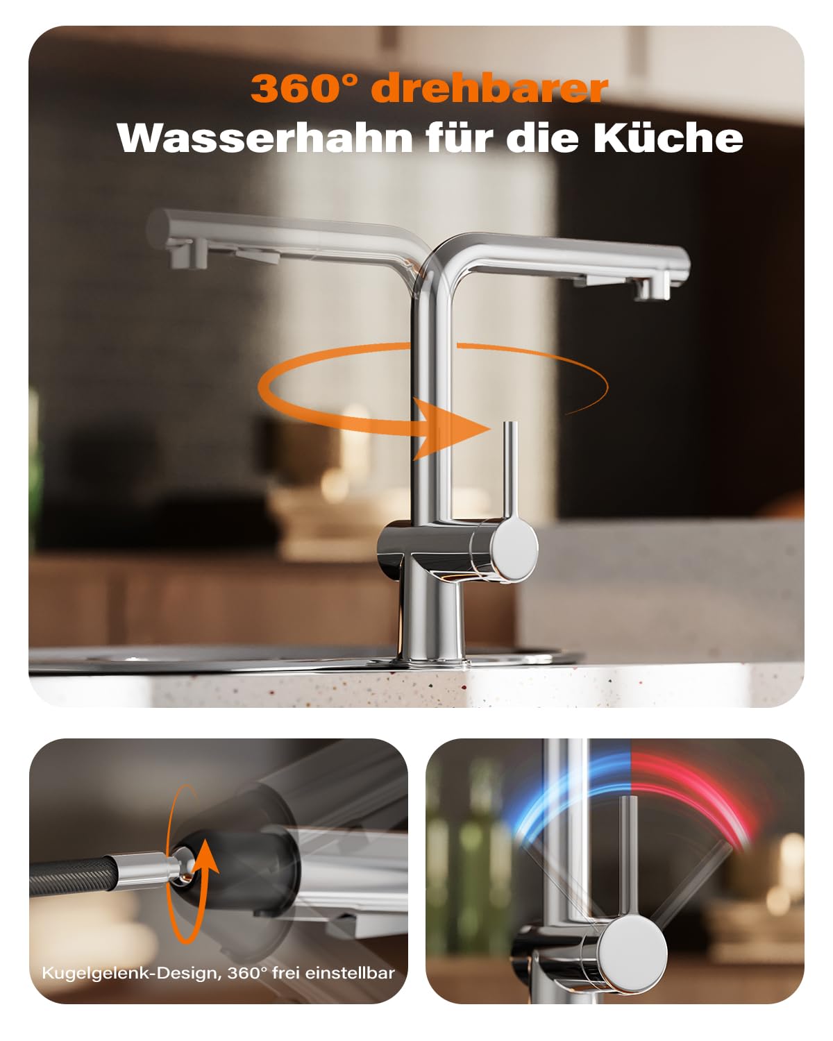 Cobbe Hochdruck Wasserhahn Küche, Küchenarmatur Ausziehbar mit Brause, Spültischarmatur Küche, Armatur Küche 360° Schwenkbar, Mischbatterie Küche Edelstahl (Chrom)