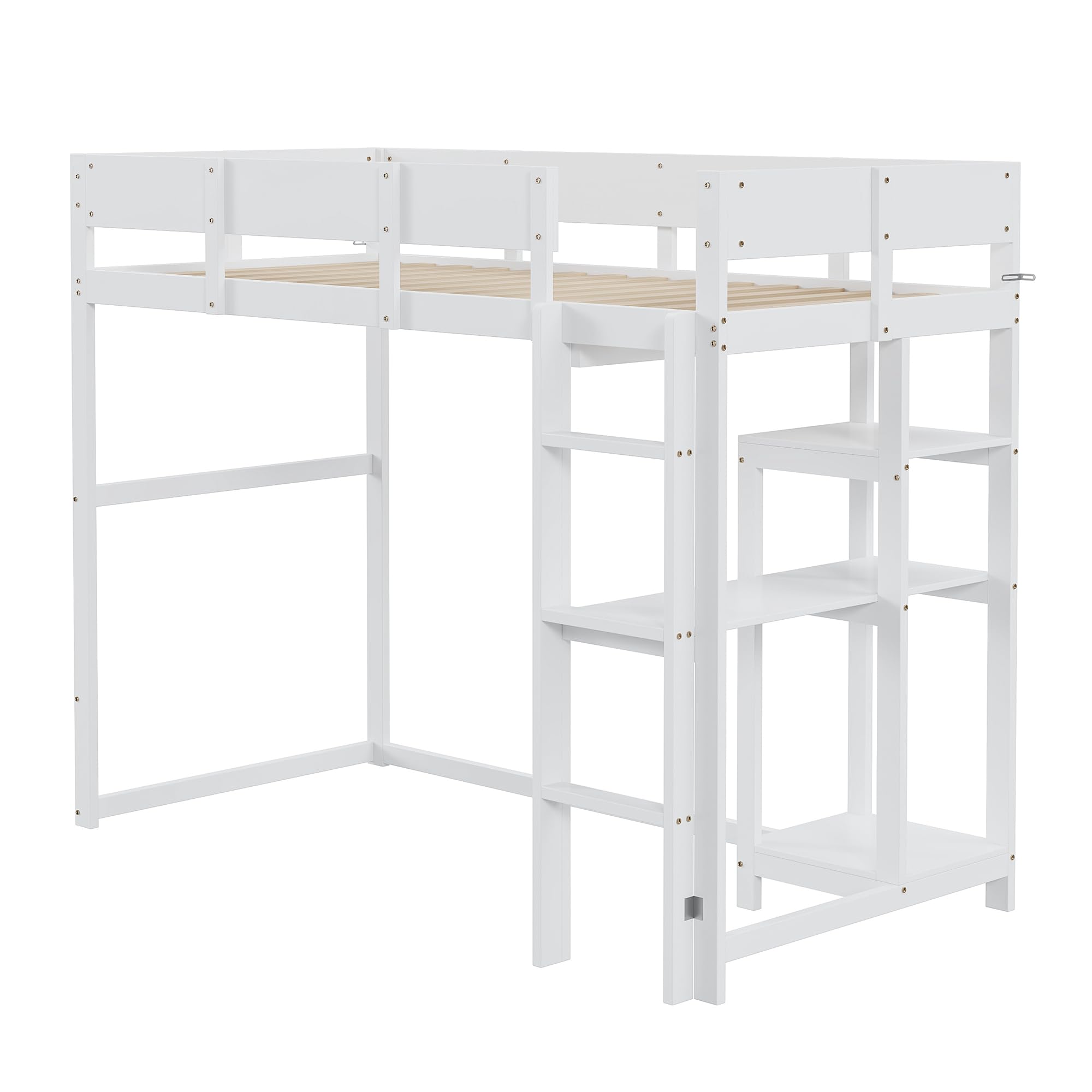 Aoskem Kinderbett Hochbett 90x200, Etagenbett Hausbett mit Leiter, Stauraum Regale und Schreibtisch, Holzbett Einzelbett Jugendbett Bettgestell mit Rausfallschutz und Lattenrost, Ohne Matratze Weiß