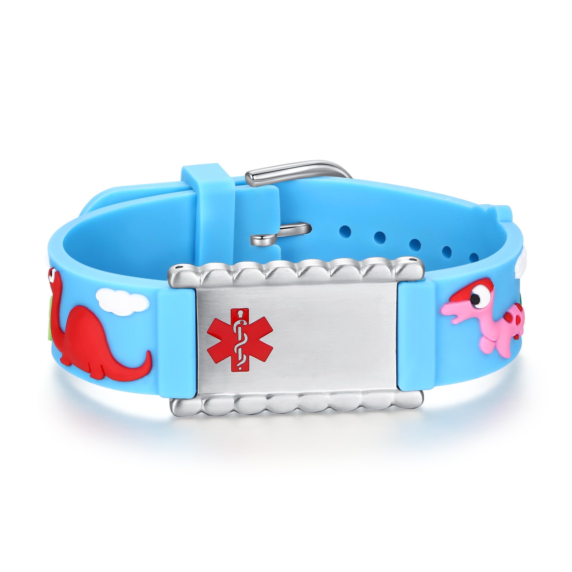 LinnaLove Medical Alert ID Bracelet – Custom or Pre-Engraved, QR Code Available,Blue Dinosaur Band